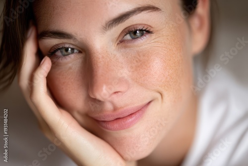 Relaxed woman with hand on face portrait