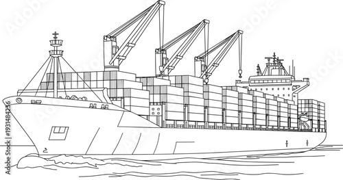 Container cargo ship with cranes and stacked freight containers sailing on sea line art vector illustration isolated