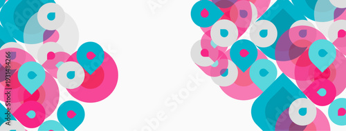 Abstract circles, pinks, teals overlap white space. Modern design, simple shapes create balanced composition. Clean aesthetic.