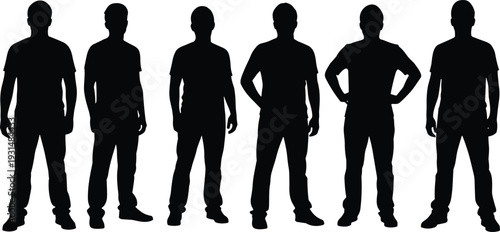 Black silhouette collection of standing men isolated on white background, full body male front view set
