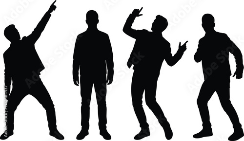 Black silhouette collection of young men dancing in dynamic poses isolated on white background, energetic male movement set