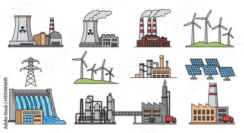 Collection of various industrial power generation facilities and energy sources.