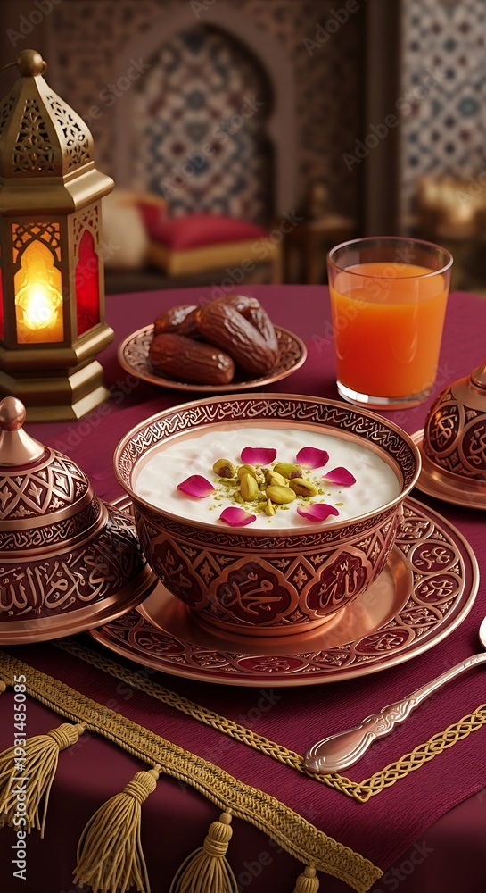 Fototapeta premium Traditional Middle Eastern dessert with dates and drink.