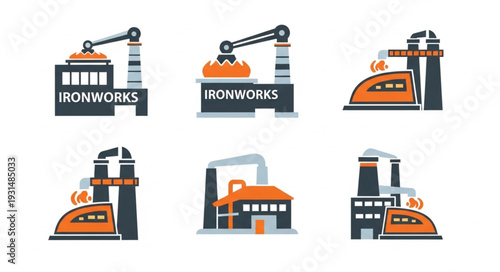 Industrial Ironworks Factory Icons Set.