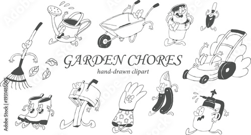 Funny garden chores cartoon characters set, spring vibes sticker set