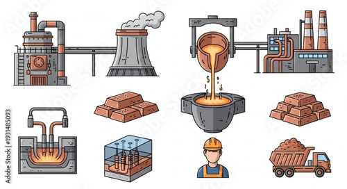 Industrial factory and manufacturing process illustration set.