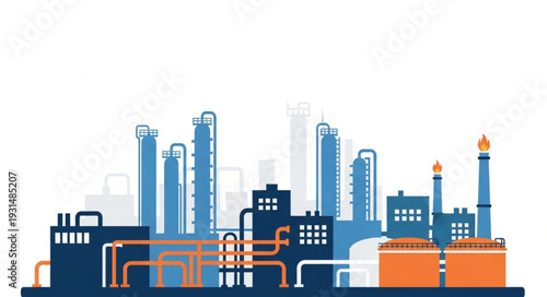 Modern industrial factory complex with tall towers and pipes.