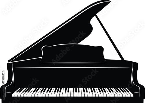 Grand piano silhouette vector illustration, classic musical instrument with open lid and keyboard isolated on white background