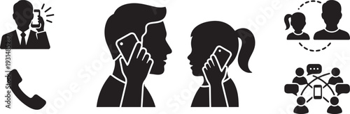 Collection of icons representing various communication methods including phone calls, mobile devices, and network connections