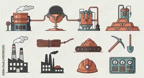 Industrial factory and mining equipment illustration set.
