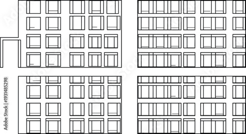 Modern apartment building facade line art vector illustration, residential architecture exterior with multiple windows isolated on background