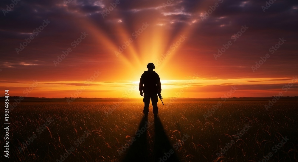 Obraz premium Soldier Silhouette Against Setting Sun in Field