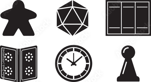 Board Gaming, Tabletop Strategy and RPG Game Components Geometric Silhouette Icon Set Vector Illustration