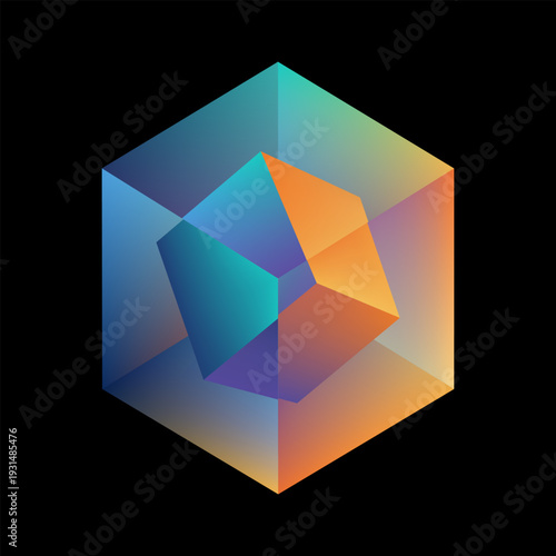 Abstract 3D isometric nested cubes with colorful gradients