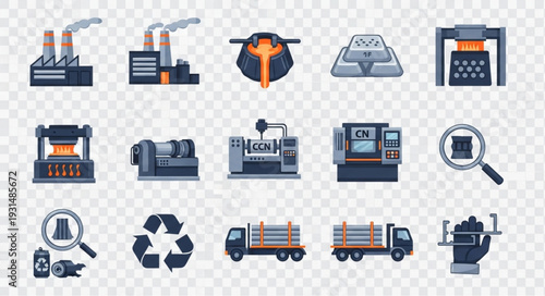 Industrial manufacturing and production icons set.