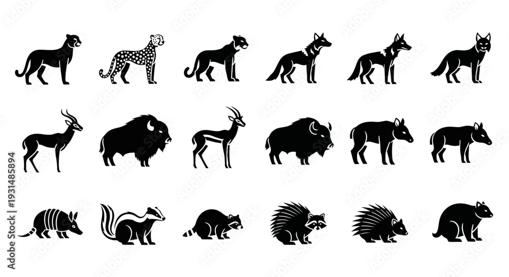 Naklejka premium Various Animal Silhouettes in Different Poses.