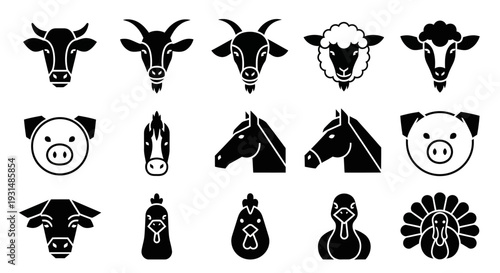 Collection of Various Farm Animal Silhouettes.