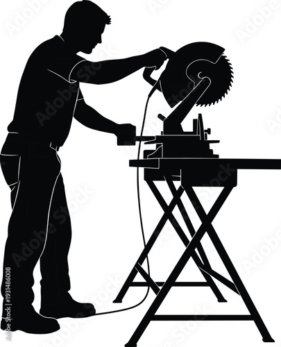 Black silhouette of carpenter using circular saw machine isolated on white background, woodworking industry illustration