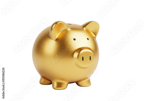 Shiny gold piggy bank illustration for wealth and investment isolated on transparent background