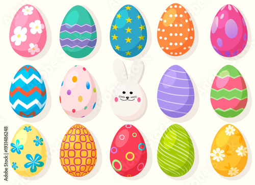 A set of Easter eggs for decorating postcards, website banners, posters, flyers, and covers. A trendy, modern design featuring cute bunnies, hand-drawn flowers, and patterns. Vector illustration.