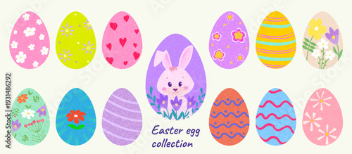 A set of Easter eggs for decorating cards, website banners, posters, flyers, and covers. A trendy, modern design featuring cute bunnies, hand-drawn flowers, and patterns. Textured background. Vector