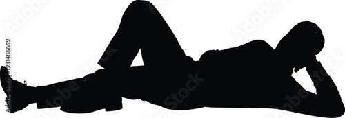Black silhouette of man lying relaxed on floor propped on elbow isolated on white background vector illustration