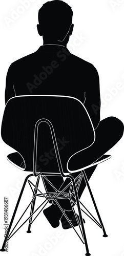 Black silhouette of man sitting on modern chair back view isolated on white background, casual seated silhouette of man sitting on modern chair