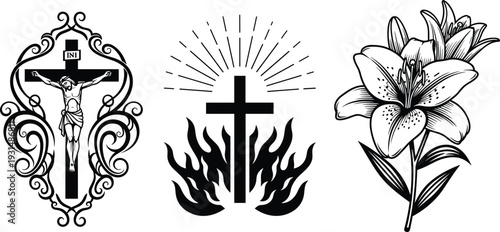 Christian religious symbols set with crucifix cross sacred heart flames and lily flower, black and white vintage vector illustration