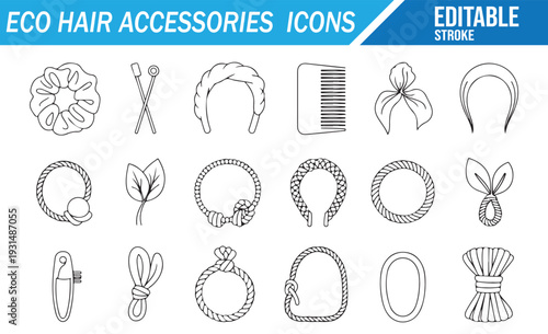 Natural Style Hair Accessories Vector Line Icon Bundle