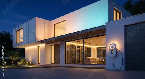 Modern smart home at dusk featuring an integrated electric vehicle charging station and a visible high-tech data server room through glass walls.