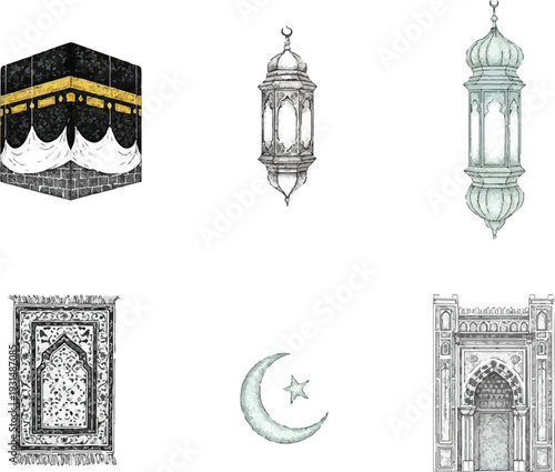 Islamic Religious Icons Set with Kaaba Lanterns Quran and Mosque for Ramadan Kareem
