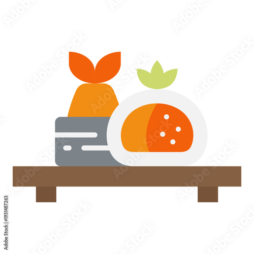 Sushi Set with Tempura and Mochi on a Wooden Tray