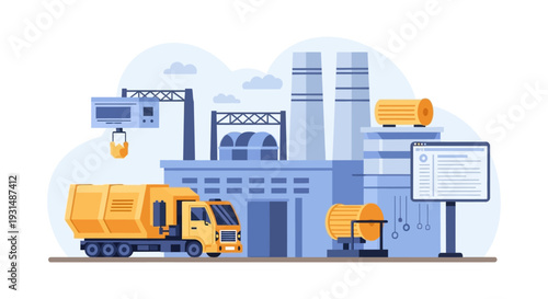 Industrial Factory Production: Crane, Logistics Truck, and Digital Operations at a Modern Manufacturing Plant