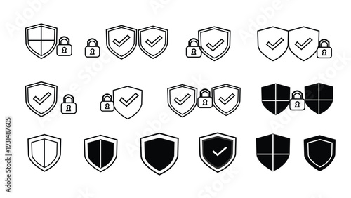 Collection of various security and protection icons in shield and badge formats