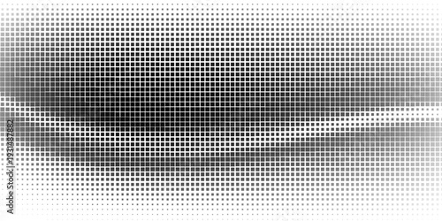 Grunge halftone gradient background. Faded grit noise texture. White and black sand wallpaper. Retro pixelated backdrop. Anime or manga style comic