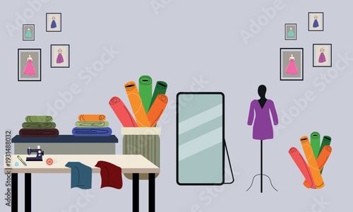 Professional Tailoring and Fashion Design Studio Interior with Fabrics and Sewing Workspace.