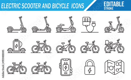 Modern E Bike Battery Powered Scooter Icons Editable Line Vector