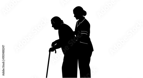 Caregiver assisting elderly person with walking stick in silhouette profile view