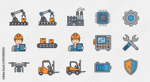 Industrial Icons Set Featuring Machinery Technology and Workers.