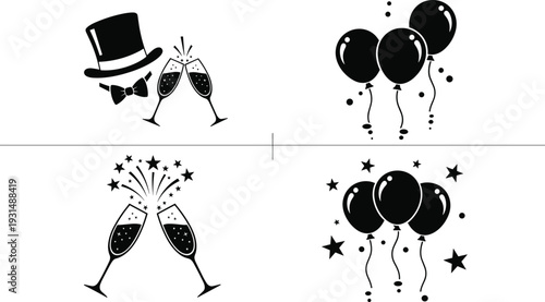 Black Celebration Silhouette Icon Set Featuring Champagne Toasts, Party Balloons, Top Hat With Bow Tie, And Sparkling Festive Stars For Events.