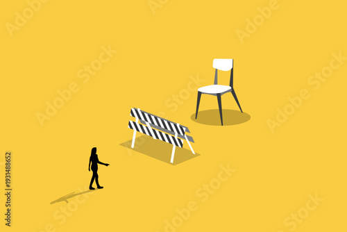 Business woman walking toward a giant white chair behind a road barrier, representing career ambition, promotion, leadership, and professional growth