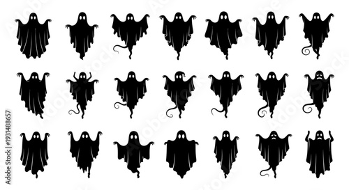 a collection of floating black ghost silhouettes with varied expressions and poses perfect for halloween spooky designs and graphic resources