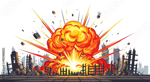 Big bomb explosion with shrapnel and fireball in city near the building, destroyed buildings ruins and concrete, war destruction concept illustration isolated on white background 