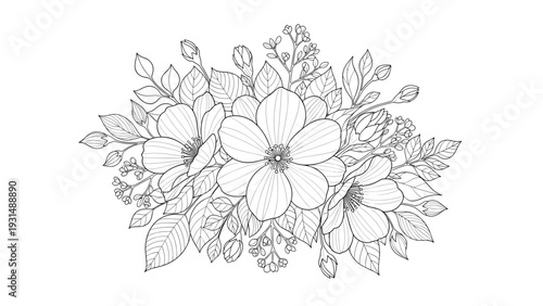 Beautiful and intricate black and white line art illustration of a floral bouquet with detailed flowers, buds, and leaves.