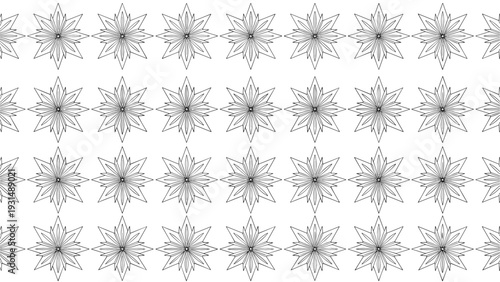 Seamless black and white geometric pattern of repeating star-like floral shapes creating an intricate and decorative linear border.