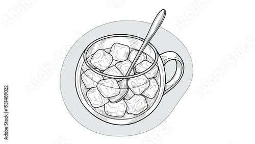 Hand-drawn vintage sketch of a glass mug filled with ice cubes and a spoon, illustrated in a detailed black and white style.