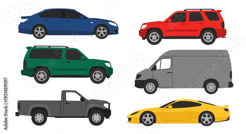 Vector illustration of various car models in different colors