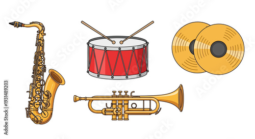 Vector illustration of musical instruments including saxophone, trumpet, and drum