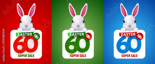 Cute Easter bunny holding a 60 Super Sale banner on colorful backgrounds, perfect for holiday promotions. Vector illustration.