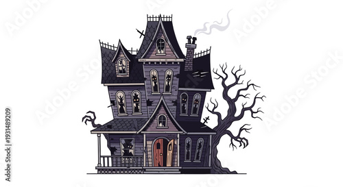 Spooky haunted house illustration with eerie atmosphere and bare tree